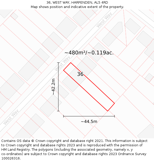 36, WEST WAY, HARPENDEN, AL5 4RD: Plot and title map