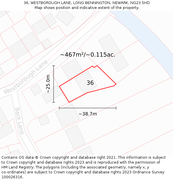 36, WESTBOROUGH LANE, LONG BENNINGTON, NEWARK, NG23 5HD: Plot and title map