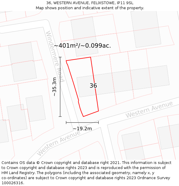 36, WESTERN AVENUE, FELIXSTOWE, IP11 9SL: Plot and title map