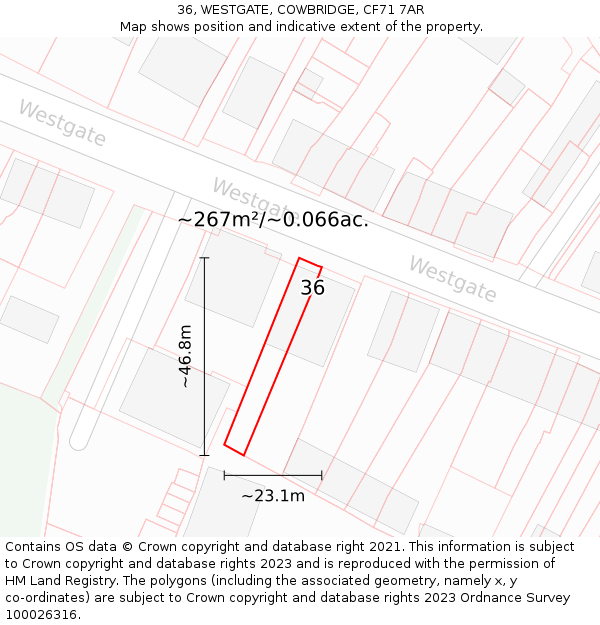 36, WESTGATE, COWBRIDGE, CF71 7AR: Plot and title map