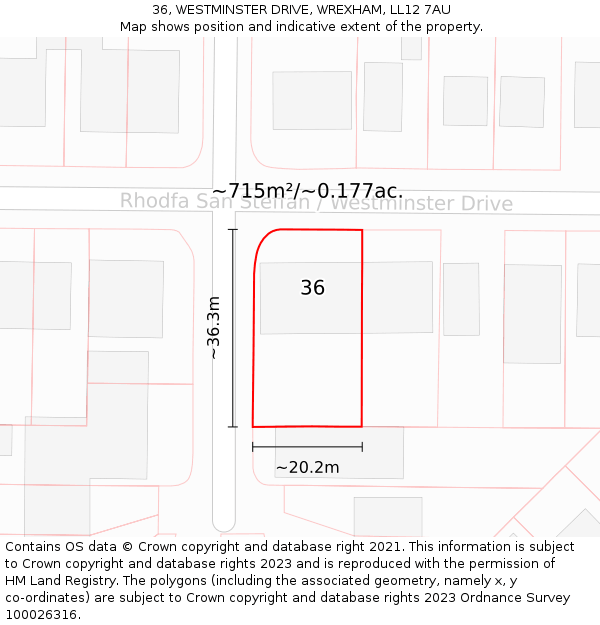 36, WESTMINSTER DRIVE, WREXHAM, LL12 7AU: Plot and title map