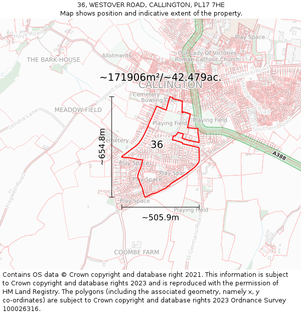 36, WESTOVER ROAD, CALLINGTON, PL17 7HE: Plot and title map