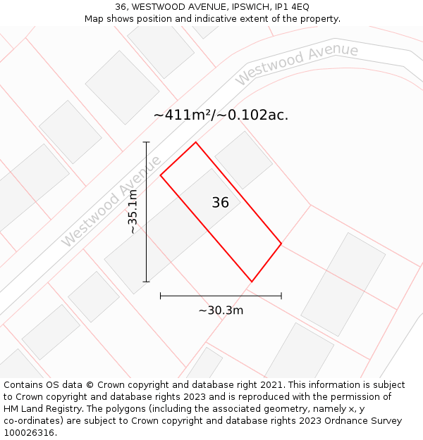 36, WESTWOOD AVENUE, IPSWICH, IP1 4EQ: Plot and title map