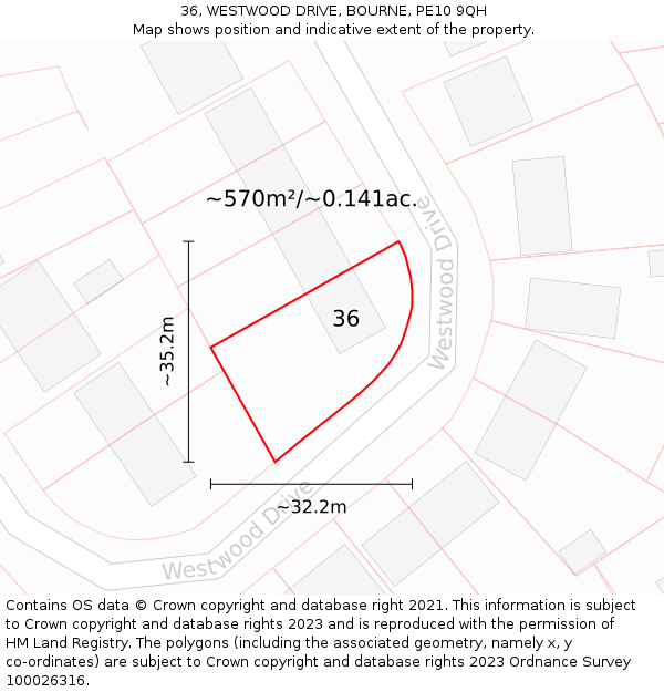 36, WESTWOOD DRIVE, BOURNE, PE10 9QH: Plot and title map