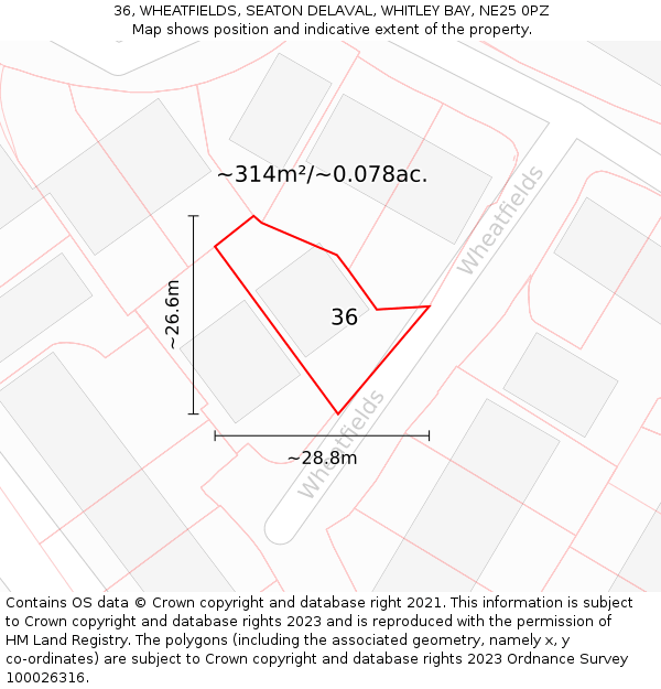 36, WHEATFIELDS, SEATON DELAVAL, WHITLEY BAY, NE25 0PZ: Plot and title map