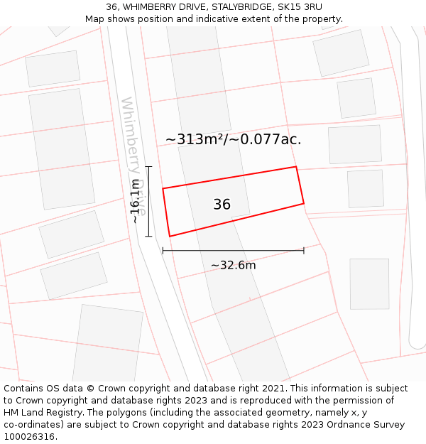 36, WHIMBERRY DRIVE, STALYBRIDGE, SK15 3RU: Plot and title map