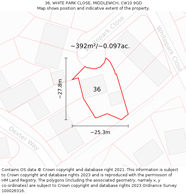 36, WHITE PARK CLOSE, MIDDLEWICH, CW10 9GD: Plot and title map