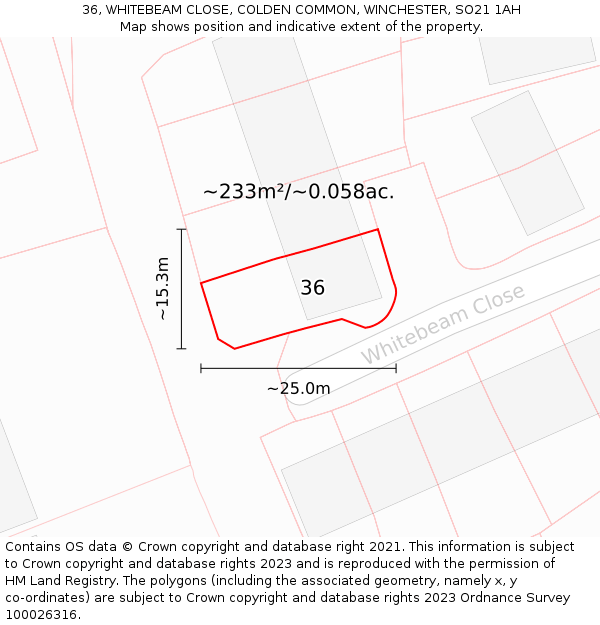 36, WHITEBEAM CLOSE, COLDEN COMMON, WINCHESTER, SO21 1AH: Plot and title map