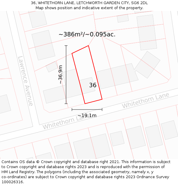 36, WHITETHORN LANE, LETCHWORTH GARDEN CITY, SG6 2DL: Plot and title map