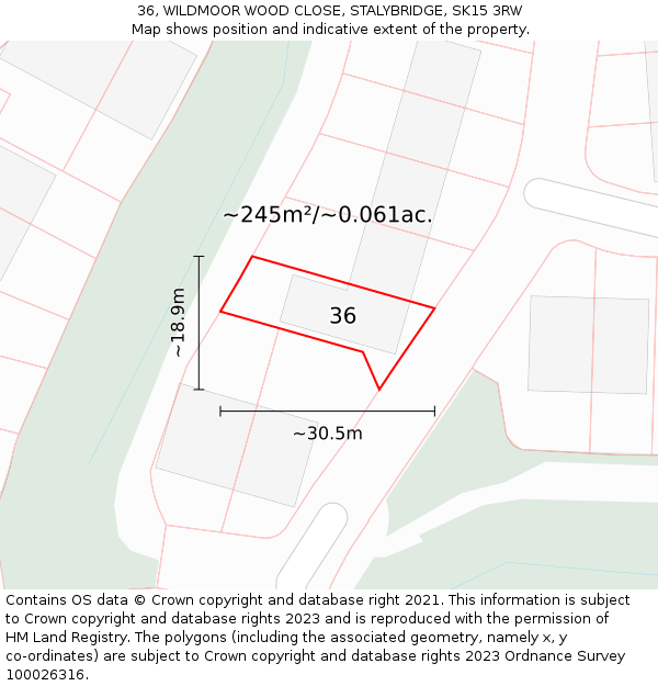 36, WILDMOOR WOOD CLOSE, STALYBRIDGE, SK15 3RW: Plot and title map