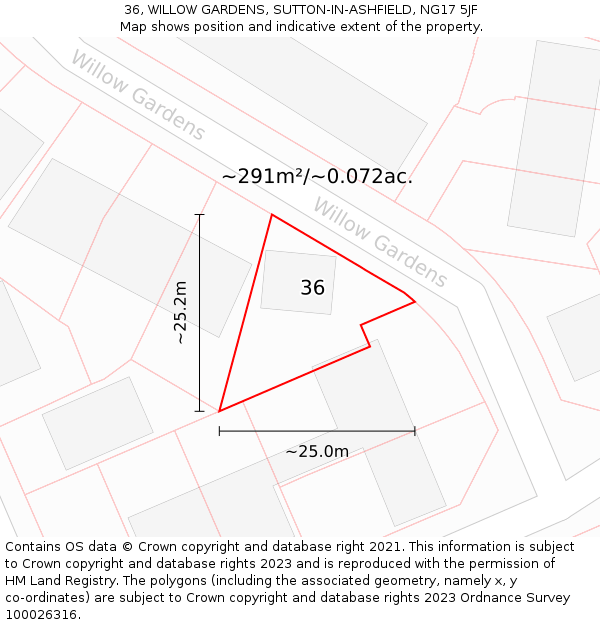 36, WILLOW GARDENS, SUTTON-IN-ASHFIELD, NG17 5JF: Plot and title map