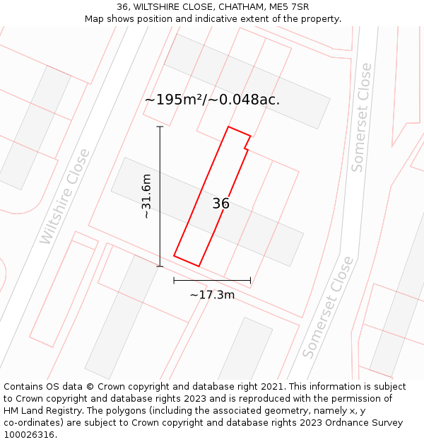 36, WILTSHIRE CLOSE, CHATHAM, ME5 7SR: Plot and title map