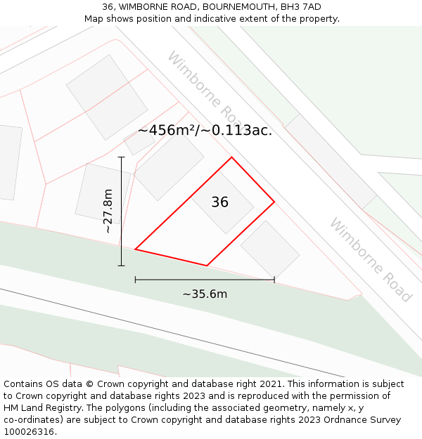 36, WIMBORNE ROAD, BOURNEMOUTH, BH3 7AD: Plot and title map