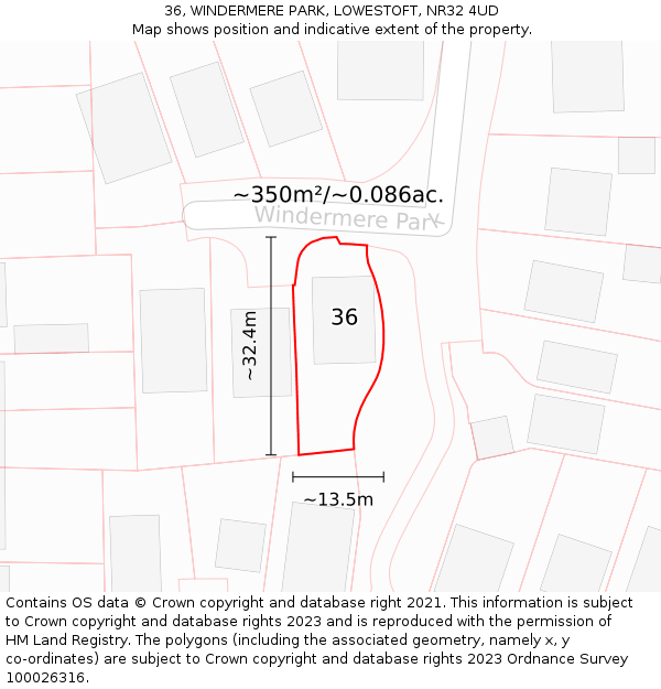 36, WINDERMERE PARK, LOWESTOFT, NR32 4UD: Plot and title map