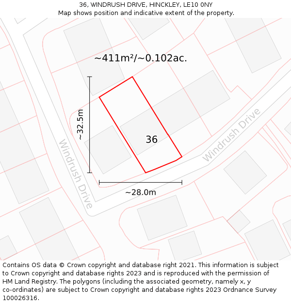 36, WINDRUSH DRIVE, HINCKLEY, LE10 0NY: Plot and title map