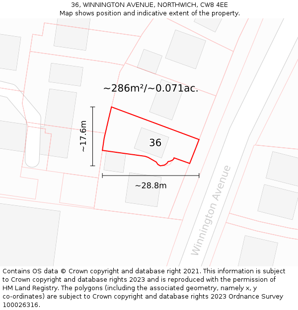 36, WINNINGTON AVENUE, NORTHWICH, CW8 4EE: Plot and title map