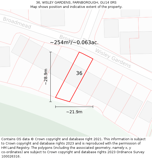 36, WISLEY GARDENS, FARNBOROUGH, GU14 0RS: Plot and title map