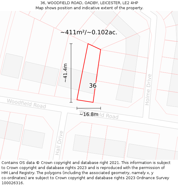 36, WOODFIELD ROAD, OADBY, LEICESTER, LE2 4HP: Plot and title map