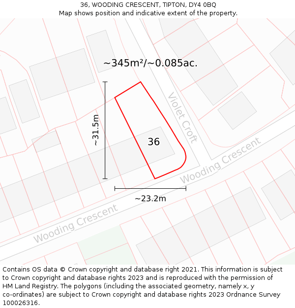 36, WOODING CRESCENT, TIPTON, DY4 0BQ: Plot and title map