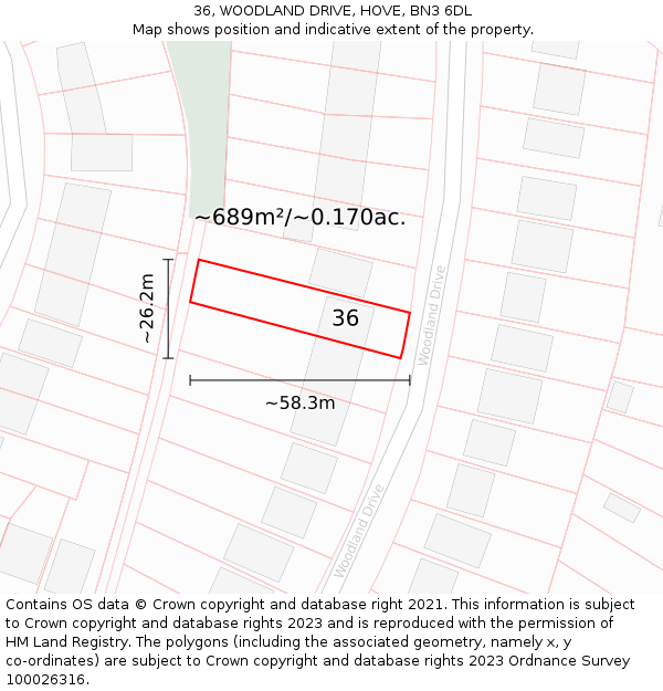 36, WOODLAND DRIVE, HOVE, BN3 6DL: Plot and title map