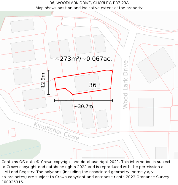 36, WOODLARK DRIVE, CHORLEY, PR7 2RA: Plot and title map