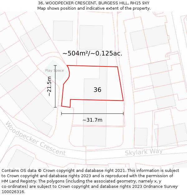 36, WOODPECKER CRESCENT, BURGESS HILL, RH15 9XY: Plot and title map