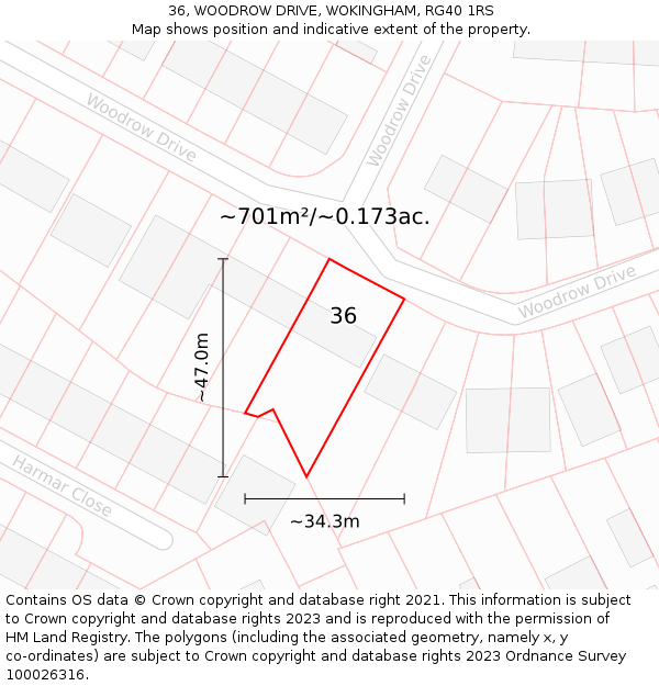 36, WOODROW DRIVE, WOKINGHAM, RG40 1RS: Plot and title map