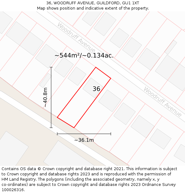 36, WOODRUFF AVENUE, GUILDFORD, GU1 1XT: Plot and title map