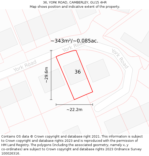 36, YORK ROAD, CAMBERLEY, GU15 4HR: Plot and title map