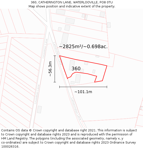 360, CATHERINGTON LANE, WATERLOOVILLE, PO8 0TU: Plot and title map