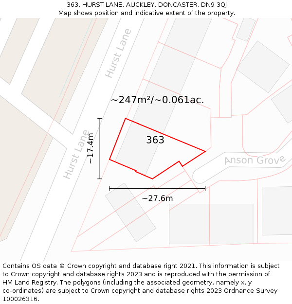 363, HURST LANE, AUCKLEY, DONCASTER, DN9 3QJ: Plot and title map