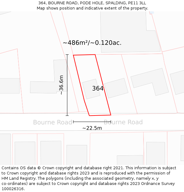 364, BOURNE ROAD, PODE HOLE, SPALDING, PE11 3LL: Plot and title map