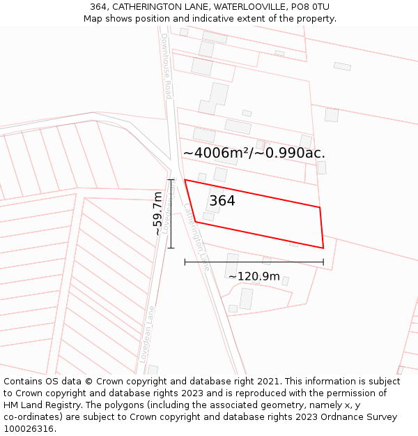 364, CATHERINGTON LANE, WATERLOOVILLE, PO8 0TU: Plot and title map