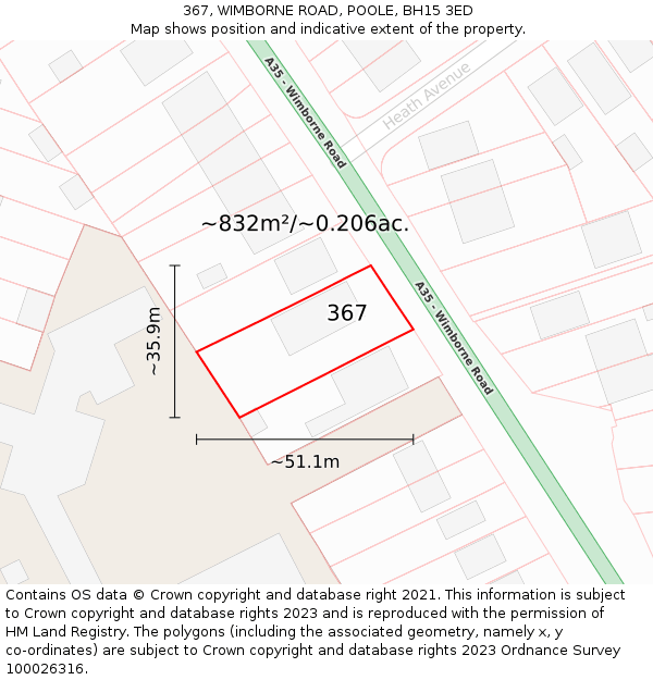367, WIMBORNE ROAD, POOLE, BH15 3ED: Plot and title map