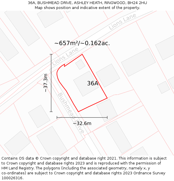 36A, BUSHMEAD DRIVE, ASHLEY HEATH, RINGWOOD, BH24 2HU: Plot and title map