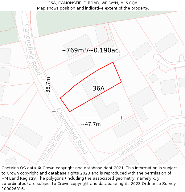 36A, CANONSFIELD ROAD, WELWYN, AL6 0QA: Plot and title map