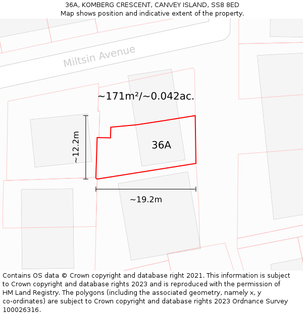 36A, KOMBERG CRESCENT, CANVEY ISLAND, SS8 8ED: Plot and title map