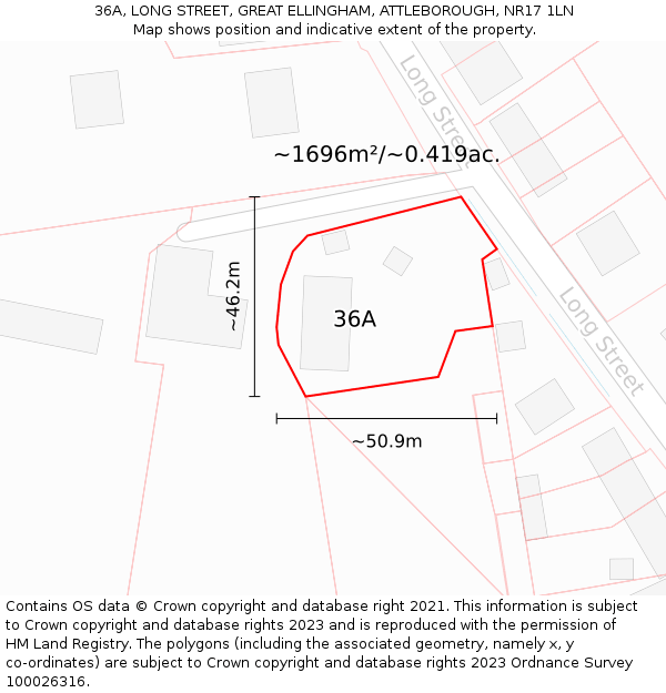 36A, LONG STREET, GREAT ELLINGHAM, ATTLEBOROUGH, NR17 1LN: Plot and title map