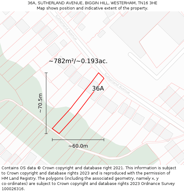 36A, SUTHERLAND AVENUE, BIGGIN HILL, WESTERHAM, TN16 3HE: Plot and title map