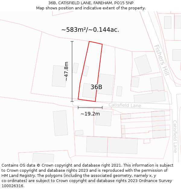 36B, CATISFIELD LANE, FAREHAM, PO15 5NP: Plot and title map