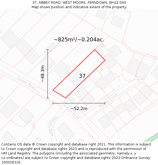 37, ABBEY ROAD, WEST MOORS, FERNDOWN, BH22 0AX: Plot and title map