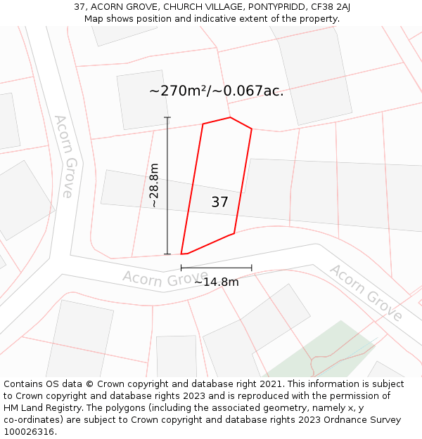 37, ACORN GROVE, CHURCH VILLAGE, PONTYPRIDD, CF38 2AJ: Plot and title map