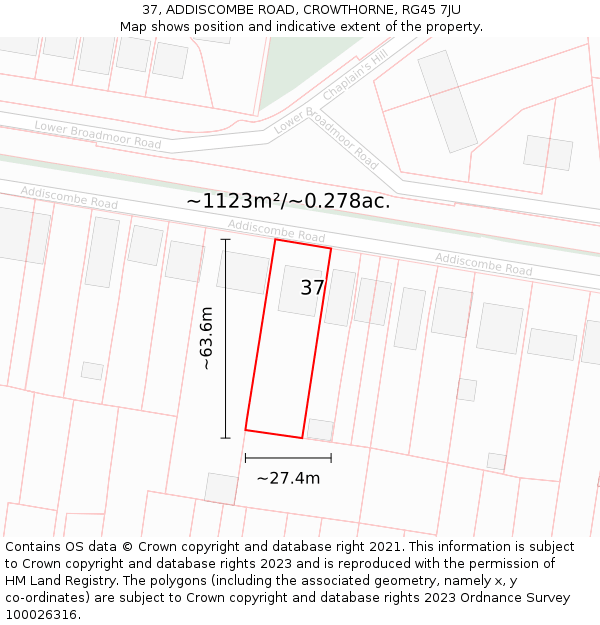 37, ADDISCOMBE ROAD, CROWTHORNE, RG45 7JU: Plot and title map