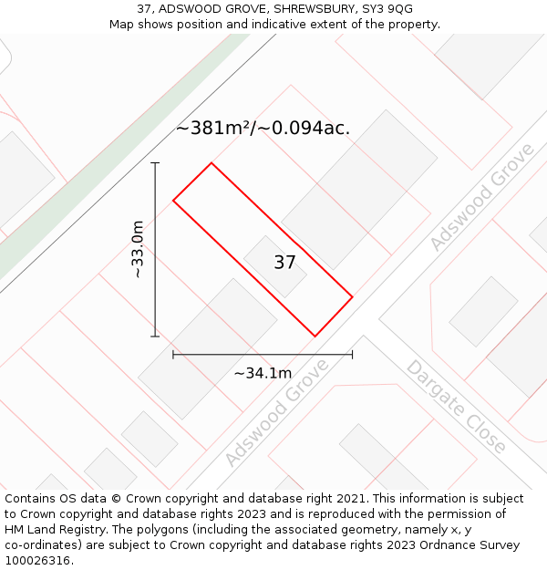 37, ADSWOOD GROVE, SHREWSBURY, SY3 9QG: Plot and title map