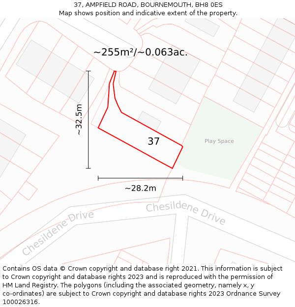 37, AMPFIELD ROAD, BOURNEMOUTH, BH8 0ES: Plot and title map