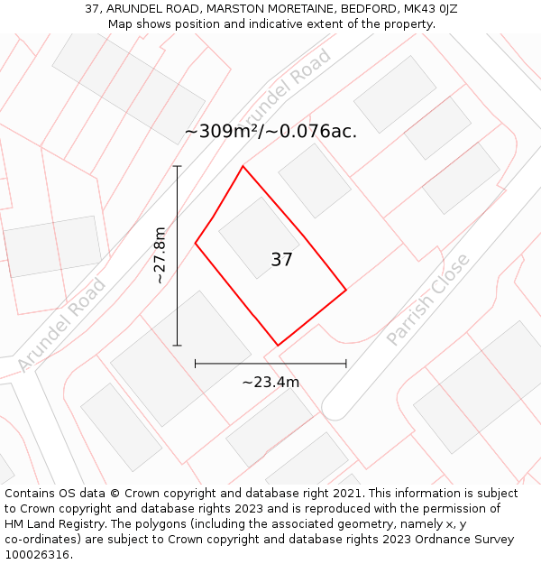 37, ARUNDEL ROAD, MARSTON MORETAINE, BEDFORD, MK43 0JZ: Plot and title map