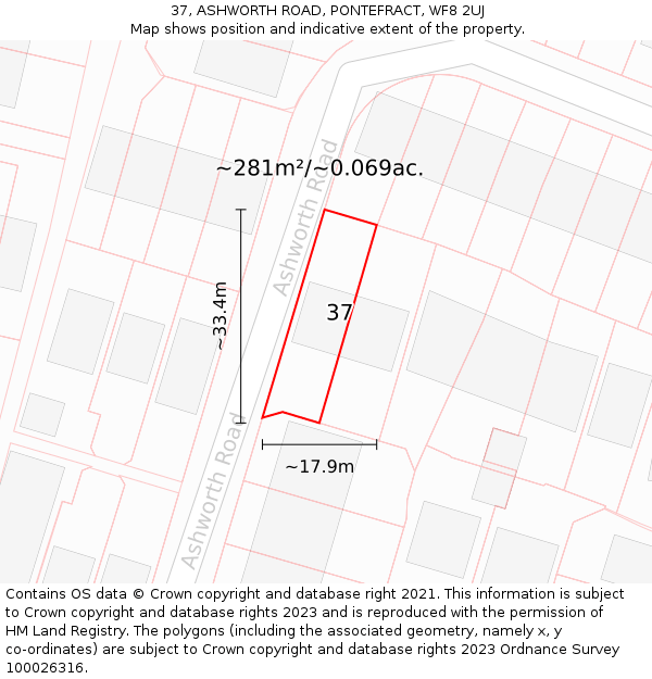 37, ASHWORTH ROAD, PONTEFRACT, WF8 2UJ: Plot and title map