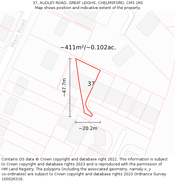 37, AUDLEY ROAD, GREAT LEIGHS, CHELMSFORD, CM3 1RS: Plot and title map