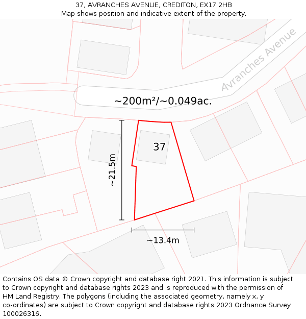 37, AVRANCHES AVENUE, CREDITON, EX17 2HB: Plot and title map