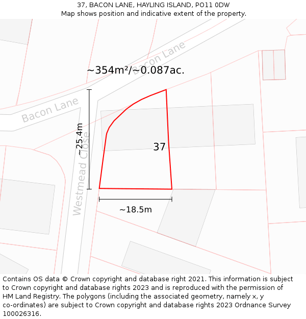 37, BACON LANE, HAYLING ISLAND, PO11 0DW: Plot and title map